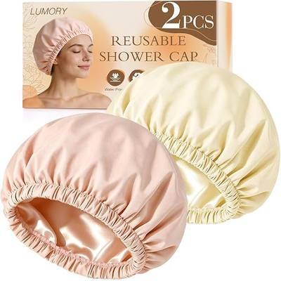 2 Packs Satin Lined Shower Cap for Women,Large Waterproof Shower Bonnet,Reusable Bath Caps with Soft Elastic Band for All Hair Types(Pink & Beige)