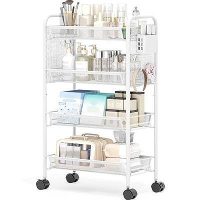 4 Tier Metal Rolling Utility Cart - Heavy Duty Storage Trolley with Pegboard, 4 Hooks & 1 Bin, Mobile Organizer Shelves for Bathroom Kitchen Office Craft Room Laundry