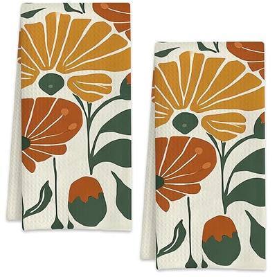 Abstract Boho Flowers and Leave Hand Towels for Bathroom Set of 2,Soft Absorbent Waffle Weave Kitchen Towels Dish Towel,Decorative Bathroom Towel for Kitchen Yoga Home Decor 16X24 Inch