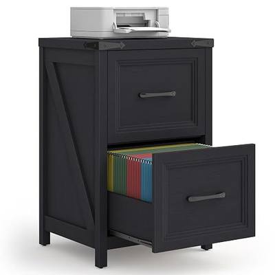 Vabches 2 Drawer Vertical File Cabinet, Wood Farmhouse Filing Cabinet Fits A4/Letter Size, Under Desk Small File Cabinets Printer Stand with Storage for Home Office, Black