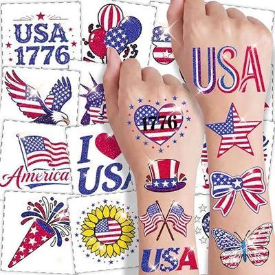 108 PCS Glitter 4th of July Temporary Tattoos for Independence Day | Waterproof Pre-Cut Patriotic Tattoos with American Flag & Eagle Designs, America 250 Celebration Party Favors & Decorations