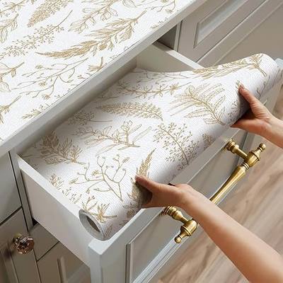 Quttisay Floral Shelf Liner for Cabinets Non Adhesive, Gold,12in x 10ft | Non Slip Drawer Liner Waterproof Cabinet Liner Botanical Strong Grip Shelf Paper for Bathroom Cupboard Liner Easy to Clean