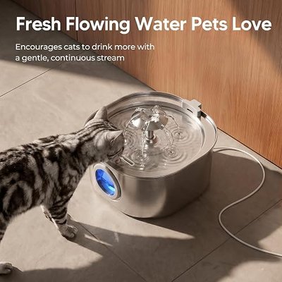 PEKTACO Cat Water Fountain, 3.2L Stainless Steel Pet Fountain, 1 Filter | 108oz capacity, LED water level window, ultra-quiet pump, dishwasher-safe tray, BPA-free, for cats and small dogs