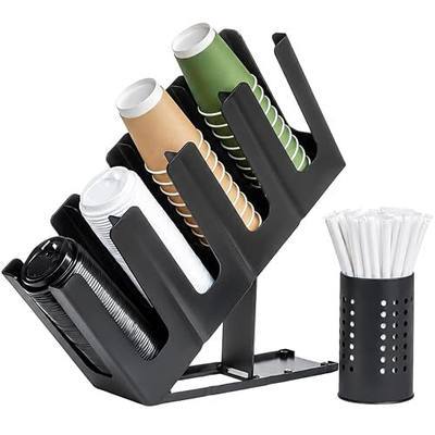 Coffee Cup and Lid Holder with Straw Organizer, Cup Dispenser Countertop | 4 Compartments, 7 Adjustable Height Levels, Suitable for Coffee Stations, Restaurants, Breakrooms, Beverage Bars