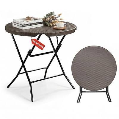 32" Round Folding Table Portable Plastic Coffee Card Dining Table 1Pack | Foldable Patio Coffee Table with Rattan HDPE Tabletop for Indoor,Outdoor,Party,Wedding,Camping,Picnic,Dining,Kitchen