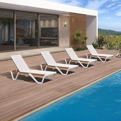 PURPLE LEAF Outdoor Lounge Chair Set of 4 Plastic Chaise Lounge, White | Wood grain aluminum frame, 2×2 tight for anti-sag, anti-tear, Rust & anti-crack PP-GF plastic legs, Stackable storage