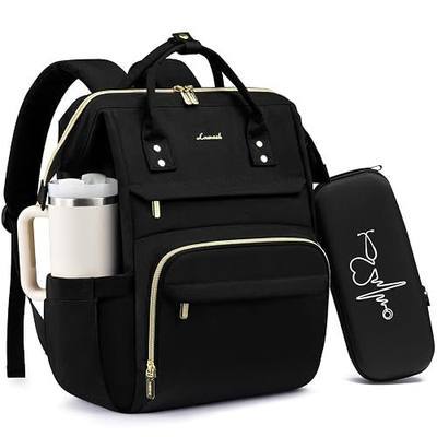 LOVEVOOK Laptop Backpack for Women with Giant Tumbler Holder Pocket, 15.6 inch Nurse Bag with Stethoscope Case, Waterproof Work College Teacher Travel Backpack, Black
