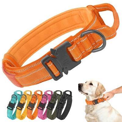 Tactical Dog Collar Military Adjustable Pet Collar with Control Handle, Reflective Heavy‑Duty Metal Buckle, Soft Padded Nylon Training Collar for Medium Large Dogs (Orange, Extra Large)