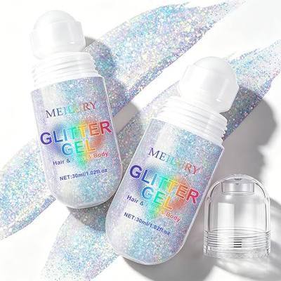 2 Colors Roll-on Body Glitter Gel for Face Body and Hair, Holographic Glitter Gel Under Light, Chameleon Color Rolling Sequins for Rave Accessories Christmas Halloween (2PCS Glint-Rainbow)