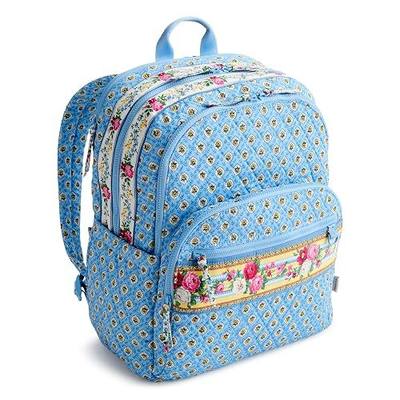 Vera Bradley Women's Premium Cotton Large Bancroft Backpack – 15" Laptop & Trolley Sleeves – Elizabeth Blue, 28L