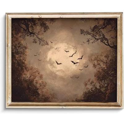 ZBJLLK Bats Full Moon Canvas Wall Art, Vintage Gothic Dark Academia Oil Painting Print, Spooky Forest Night Moody Atmospheric Artwork for Living Room Bedroom Halloween Home Decor, 8x10 Inch Unframed