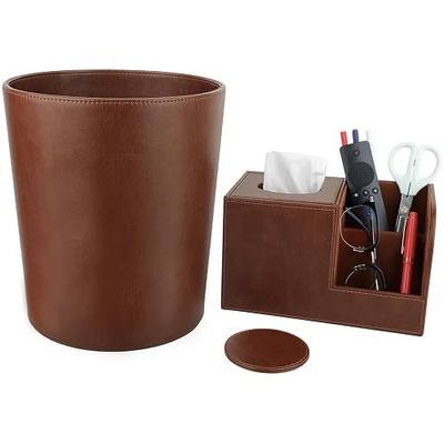LAMOTI 3-in1 Leather Wastebasket & Organizer Set - 3 Gallon Round Waste Paper Bin, Tissue Box Cover with Storage Compartments & 4" Coaster (Brown)