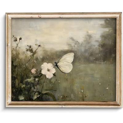 ZBJLLK Vintage Butterfly Canvas Wall Art, Rustic Floral Oil Painting Style Print, Fade-Resistant Premium Canvas, Farmhouse Nature Wall Decor for Living Room Bedroom Bathroom, 8x10 Inch Unframed