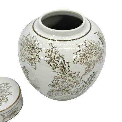 Galt International White & Brown Flower Chinoiserie Round Ginger Jar 10" with Lid - Ginger Jar, Decorative, Home Decor Jar