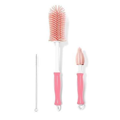 Bottle Brush Set 3-in-1, Including Long Handle Silicone Bottle Brush, Detail Cleaner, Straw Brush, Non Scratch Cleaning Brushes for Water Bottles, Tumblers and Glass (Pink)