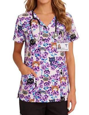 Women's Print Scrub Tops V Neck Short Sleeve Fun Scrubs Shirts | Cute Cartoon Patterned Scrubs Shirts for Nurses Pediatric Veterinary with 3 Pockets