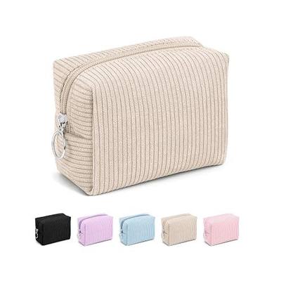 MAGEFY Corduroy Makeup Bag - Small Travel Cosmetic Pouch for Women, Portable Mini Zipper Purse with Everyday Essentials for Office, or Trip (Beige)