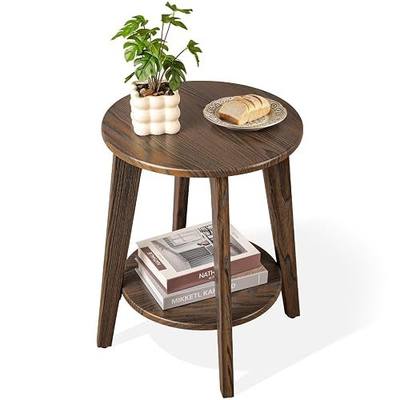 Small Round Side Table Wooden End Table with Lower Shelf Modern Nightstand Bedside Tables for Small Spaces, Living Room, Bedroom Rustic Brown