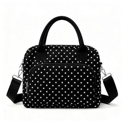 Insulated Lunch Bag for Women, Cute Polka Dot Large Capacity Leakproof Portable Thermal Lunch Box with Adjustable Shoulder Strap, Reusable Cooler Lunchbox Tote for Work Office Travel Picnic, Black
