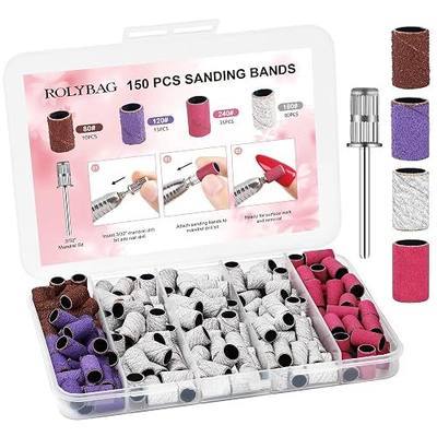 150 Pcs Nail Drill Bits Sanding Bands for Nail Drill Mix 80# 120# 180# 240# Coarse Fine Grit Sanding Bands for Acrylic Gel Manicures Pedicure