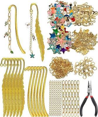 325 Pcs DIY Metal Bookmarks Making Kit, Metal Bar Bookmark Kit | 12 Gold Bookmark with Themed Charms, Chains, Letter Charms, Pliers and Tools