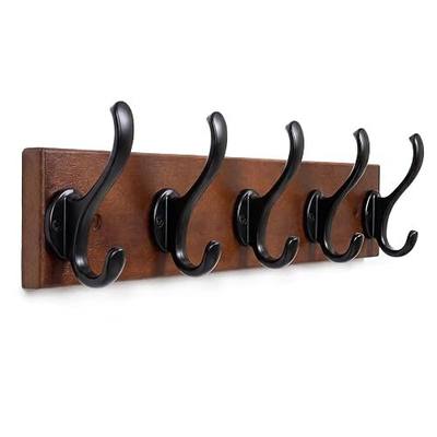 Wall Mounted Coat Hooks, 5 Dual Hooks, 17.72 Inches (1Pack) | 50LB load capacity, waterproof rubber wood, rustproof aluminum, clothes-safe curved hooks, easy installation for all walls