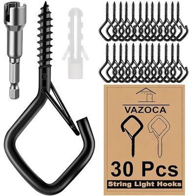 30 PCS Screw Hooks for Outdoor String Lights, Patio Wall Ceilling Eye Hook | Square Q-Hanger Hook with Safety Buckle for Hanging Cup Plant Pots Christmas Decor Wire Fairy Led, Wind Nut Driver, Black
