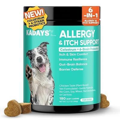 Dog Allergy Chews 180ct, Allergy Medicine for Dogs, Itch Relief Anti Licking Paws, Skin Coat Daily Immune Support, Probiotics Colostrum Vitamins Supplement, Soft Chew Treats, Meat-Free Chicken Taste