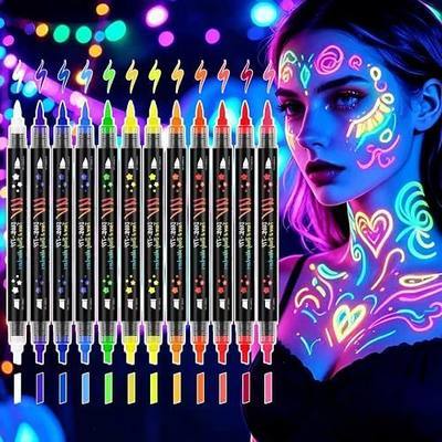 12 color glowing body painting pen, 2 in 1 pointed and beveled tip, UV neon facial painting, glowing facial painting set, washable skin tattoo Halloween party (12-color double-headed fluorescent pen)