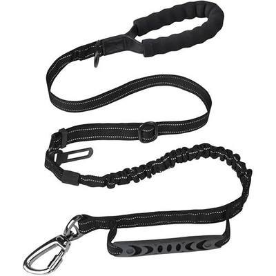 High-Strength Tactical Bungee Dog Leash, Shock Absorbing No-Pull Leash for Medium & Large Dogs, 2 Padded Control Handles, Metal Frog Clip, Car Seat Belt Attachment, Reflective for Night Walks(Large)