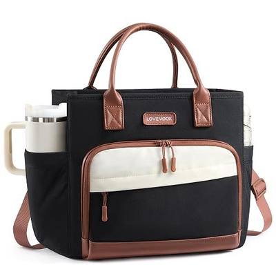 LOVEVOOK Lunch Box for Women, Wide Opening Lunch Bag with Large Cup Holder, Large Capacity Adult Lunch Box for Work, Office & Picnic, 13L, Black-Beige-Brown