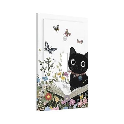 Decorative Light Switch Cover Cute Cat Wildflowers Boho Flowers Floral 1 Gang Single Toggle Device Electrical Faceplate Switchplates Decorator Outlet Wall Plate For Nursery Kids Room