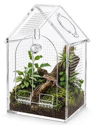 Acrylic Jumping Spider Enclosure, 5"x5"x8" Escape Proof Insects Habitat with Front Opening Door & Top Feeding Port, Warp-Proof Ventilation Small Reptile Terrarium for Mantis, Snails and Micro Reptile