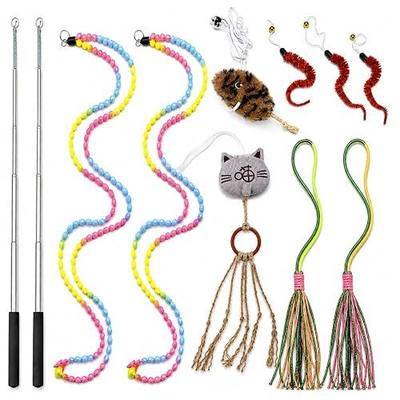 11PCS Interactive Cat Wand Toy Set for Indoor Cats, 2 Retractable Teaser Wands with Extra Long String, Tassel Rope, Handmade Sisal Rope Toys, Worm Refills, Catnip Mouse, Exercise Kitten Chase Toys