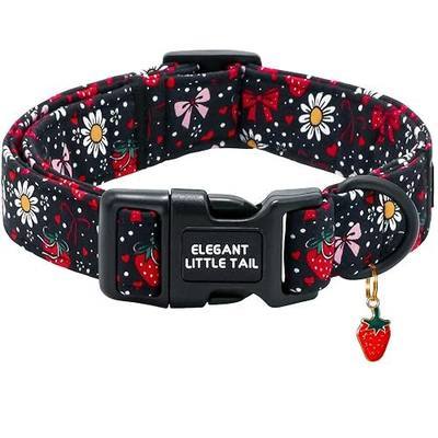 Strawberry Dog Collar, Floral & Bow Small Pet Collar | Strawberry Pattern, Lightweight Plastic Buckle, Soft Fabric, Great for Small Dogs, with Cute Pendant, Summer Photoshoots