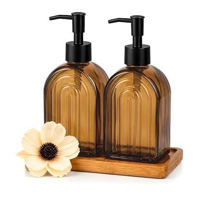 2 Pack Arch Glass Kitchen Soap Dispenser with Acacia Wood Tray, 11oz Amber Rainbow Decorative Hand Soap Dispenser with Rustproof Pump, Refillable Liquid Dispenser for Kitchen, Bathroom, Countertop