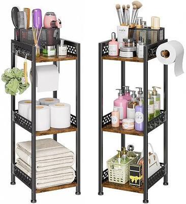 3 Tier Bathroom Storage Shelves Table Stand with Toilet Paper Holder, 9.8" W Narrow Metal Frame, Small Wood Rack Shelf, with Removable countertop Organizer, for Cosmetic Vanity Kitchen Laundry