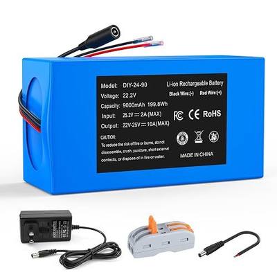 24V 9000mAh Rechargeable Battery Pack with Charger, Bare Leads | 199.8Wh power for amplifiers, speakers, robotics, CCTV and LED projects; bare leads support custom 24V installations.