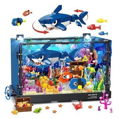 HOGOKIDS Shark Aquarium Building Toy with Movable Animals & Light for Kids | Fish Tank Building Set for Boys Girls Ages 8-14+, Includes Shark, 2 Clownfish & Jellyfish , Christmas Birthday Gift for Kids