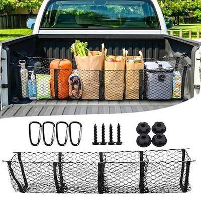 Cargo Net for Car, Expandable 4 Pocket Heavy-Duty Cargo Net Organizer, Black Mesh Storage Pocket with 4 Metal Carabiners Universal for Car, SUV, Pickup Truck, Van Trunk Bed- 51.2” x 11.8”
