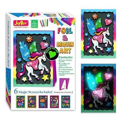 JoyBox Foil Fun–DIYKids Paper Foil Art Craft Kit for&Travel Screen-Free Fun | Birthday Party Gifts for Ages 4-99 and Up,Art Travel Toys for Boys Girlsmagical unicorn‑themedincludes glow‑in‑the‑dark
