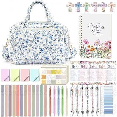 Fayoo Bible Bag for Women with 55-Pcs Study Kit, Large Quilted Floral Bag | 12 Highlighters, 11 Pens, Bible Tabs, Sticky Notes, Multi-Pocket Organizer, Church, Devotional, Christian Gift