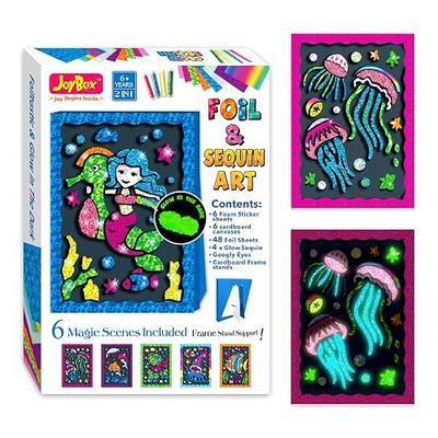 JoyBox Foil Fun–DIYKids Paper Foil Art Craft Kit for&Travel Screen-Free Fun | Birthday Party Gifts for Ages 4-99 and Up,Art Travel Toys for Boys Girls mermaid themes! includes glow‑in‑the‑dark sequins