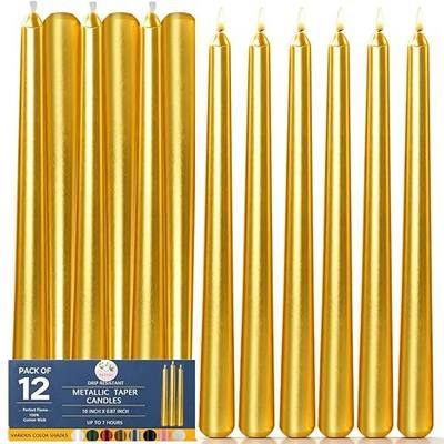 10 Inch Metallic Gold Taper Candles - Set of 12, 7-8 Hrs Long Burning, Dripless Smokeless Unscented Candlesticks, Premium Wax Blend for Wedding Christmas Dinner Parties and Luxury Home Decor