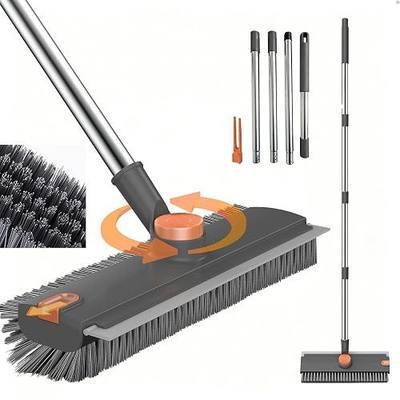 3 in 1 Long Handle Floor Scrub Brush with Squeegee | Adjustable stiff bristle scrubber with squeegee & tweezer, duty multi-surface for shower tile patio kitchen bathtub cleaning