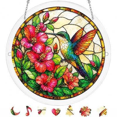 8.9 Inches Hummingbird Puzzle Suncatcher, DIY Acrylic Stained Glass Style Window