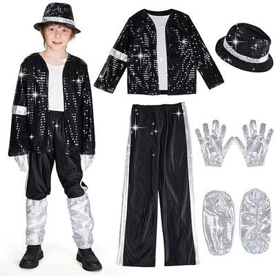 Kids 80s Pop Star Dance Costume For Boys,Halloween Cosplay Outfit With Jacket Glove Pants Hat Leg Warmers