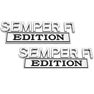 Semper Fi Edition Car Emblem 2PC, Premium Metal Badge Sticker for Car Truck SUV, Military Style Fender Tailgate Bumper Auto Decal Accessory, Silver
