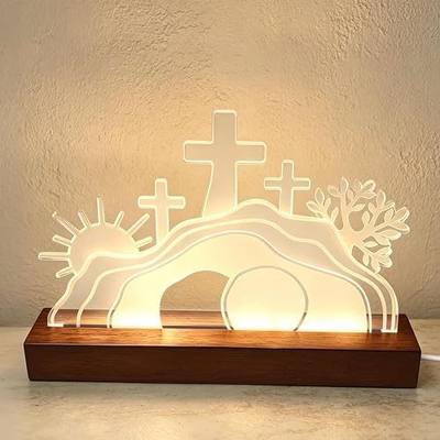Christian Easter Figurine Set with LED Wooden Base – Jesus Resurrection, Empty Tomb & Cross Tabletop Decor for Home, Office, Shelf, Mantel, Gifts