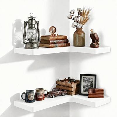 24 Inch Solid Wood Floating Corner Shelves, 2 Pack, Classic White | 55 LBS Capacity, Hidden Brackets, Modern Farmhouse Style, Easy Install, Space-Saving Wall Mount Shelf, Living Room & Bedroom